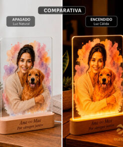 Lampara Personalizada Mascota Con Dueño Tipo Acuarela Regalo Madera Transparente - Imagen 4
