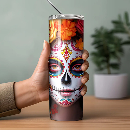 Termo Catrina Con Rosas / Dia De Muertos Incluye Popote Catrina