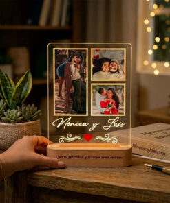 Cuadro Lámpara Con 3 Fotos Regalo Aniversario Novios Amor Marrón - Imagen 4
