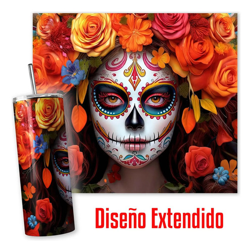 Termo Catrina Con Rosas / Dia De Muertos Incluye Popote Catrina - Imagen 3