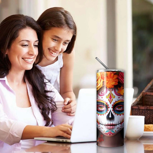 Termo Catrina Con Rosas / Dia De Muertos Incluye Popote Catrina - Imagen 5