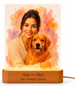 Lampara Personalizada Mascota Con Dueño Tipo Acuarela Regalo Madera Transparente