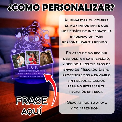 Regalo Aniversario Novios Lámpara Con 3 Fotos Y Frase Amor Negro Transparente - Imagen 2