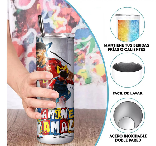 Termo Lamine Yamal España Skinny Incluye Popote Regalo Fans Blanco - Imagen 6