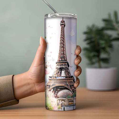 Termo Para Café Torre Eiffel / Paris Con Popote Metálico Torre - Imagen 3