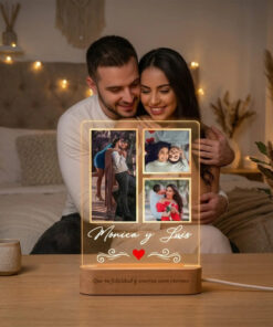 Cuadro Lámpara Con 3 Fotos Regalo Aniversario Novios Amor Marrón - Imagen 2