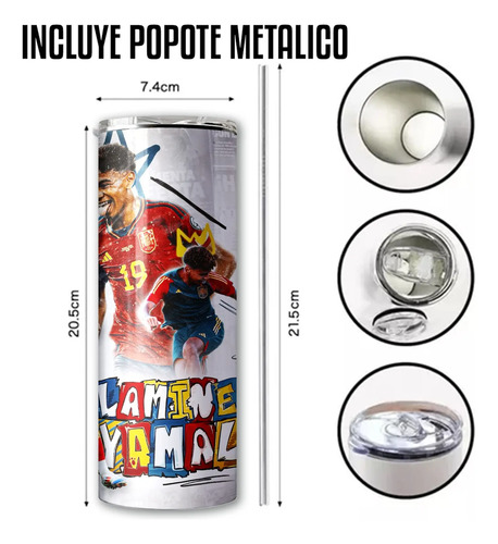 Termo Lamine Yamal España Skinny Incluye Popote Regalo Fans Blanco - Imagen 3