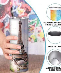 Termo Para Café Torre Eiffel / Paris Con Popote Metálico Torre - Imagen 6
