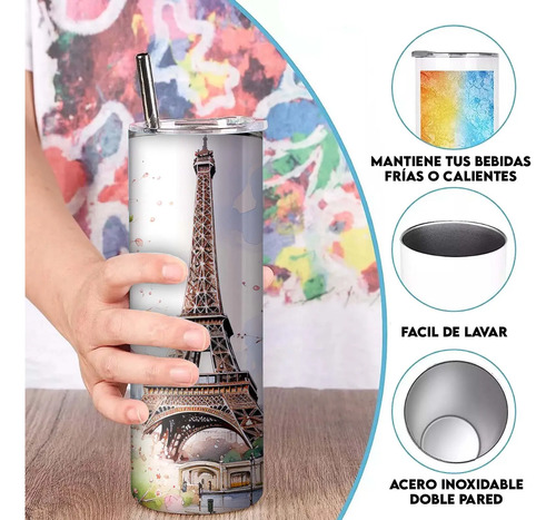 Termo Para Café Torre Eiffel / Paris Con Popote Metálico Torre - Imagen 6