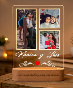 Cuadro Lámpara Con 3 Fotos Regalo Aniversario Novios Amor Marrón