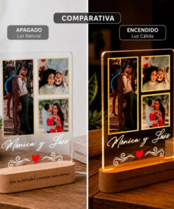 Cuadro Lámpara Con 3 Fotos Regalo Aniversario Novios Amor Marrón - Imagen 3