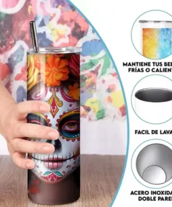 Termo Catrina Con Rosas / Dia De Muertos Incluye Popote Catrina - Imagen 6
