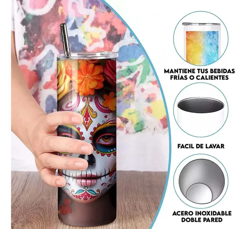 Termo Catrina Con Rosas / Dia De Muertos Incluye Popote Catrina - Imagen 6