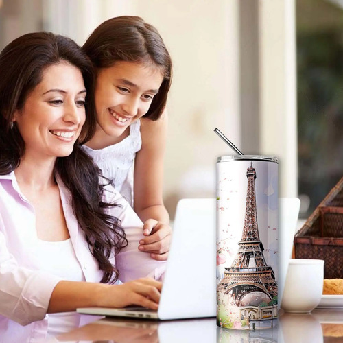 Termo Para Café Torre Eiffel / Paris Con Popote Metálico Torre - Imagen 4