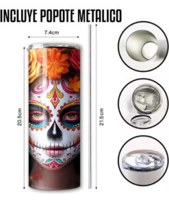 Termo Catrina Con Rosas / Dia De Muertos Incluye Popote Catrina - Imagen 4