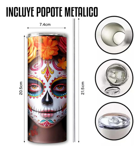 Termo Catrina Con Rosas / Dia De Muertos Incluye Popote Catrina - Imagen 4