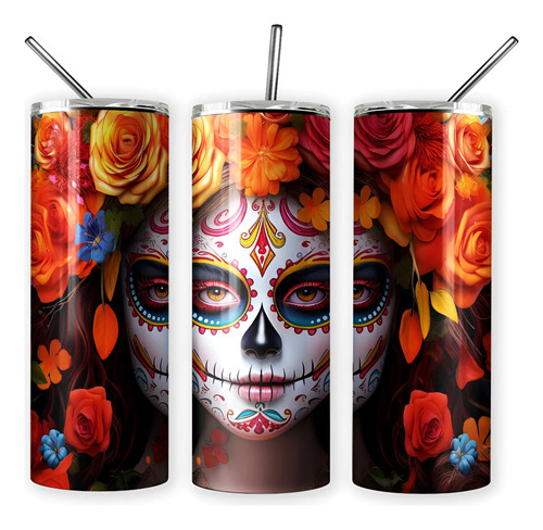 Termo Catrina Con Rosas / Dia De Muertos Incluye Popote Catrina - Imagen 2