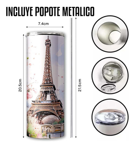 Termo Para Café Torre Eiffel / Paris Con Popote Metálico Torre - Imagen 5